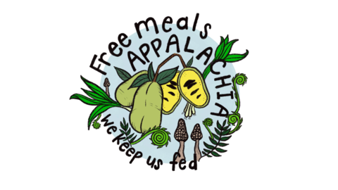 Free Meals Appalachia logo by Macy Souhala featuring an assortment of WV native plants and fungi.